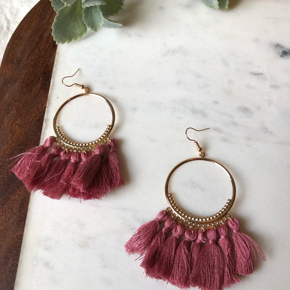 Mauve Tassel Hoop Earrings - Picture 2 of 4